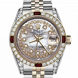 Ladies Rolex 26mm Datejust Two Tone Jubilee White MOP String Diamond Dial Bezel + Lugs + Rubies