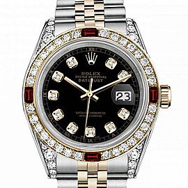 Women's Rolex 31mm Datejust Two Tone Jubilee Black Color Dial Bezel +Lugs + Rubies