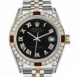Women's Rolex 31mm Datejust Two Tone Jubilee Black Color Roman Numeral Dial Bezel + Lugs + Rubies