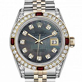 Women's Rolex 31mm Datejust Two Tone Jubilee Black MOP Mother Of Pearl Dial Diamond Accent RT Bezel + Lugs + Rubies