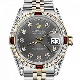 Women's Rolex 31mm Datejust Two Tone Jubilee Dark Grey Color Dial Diamond Accent Bezel + Lugs + Rubies
