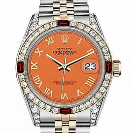 Women's Rolex 31mm Datejust Two Tone Jubilee Orange Color Roman Numeral Dial Bezel + Lugs + Rubies