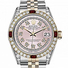 Women's Rolex 31mm Datejust Two Tone Jubilee Pink String Diamond Dial Vintage Style Marker Bezel + Lugs + Rubies