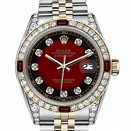 Women's Rolex 31mm Datejust Two Tone Jubilee Red Vignette Color Dial Diamond Accent RT Bezel + Lugs + Rubies
