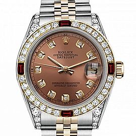 Women's Rolex 31mm Datejust Two Tone Jubilee Salmon Color Dial Diamond Accent RT Bezel + Lugs + Rubies 68273