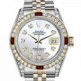 Women's Rolex 31mm Datejust Two Tone Jubilee White MOP Mother of Pearl Dial Diamond Accen Bezel + Lugs + Rubies