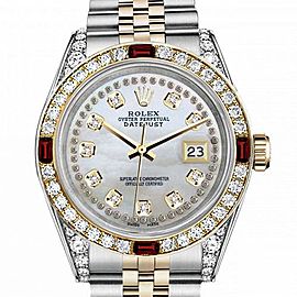 Women's Rolex 31mm Datejust Two Tone Jubilee White MOP Mother of Pearl String Diamond Dial Bezel + Lugs + Rubies