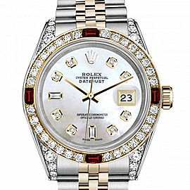Women's Rolex 31mm Datejust Two Tone Jubilee White MOP Mother Of Pearl 8 + 2 Diamond Accent Bezel + Lugs + Rubies