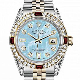 Women's Rolex 31mm Datejust 2 Two Tone Jubilee Baby Blue MOP Mother Of Pearl 8+2 Diamond Dial Bezel + Lugs + Rubies