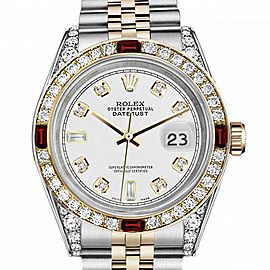 Women's Rolex 31mm Datejust Two Tone Jubilee White Color Dial 8+2 Diamond Accent RRT Bezel + Lugs + Rubies