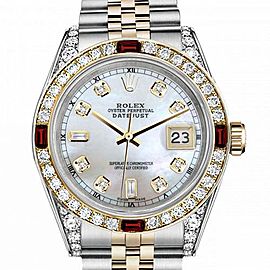 Women's Rolex 31mm Datejust Two Tone Jubilee White MOP Mother of Pearl Dial Diamond Accen Bezel + Lugs + Rubies