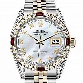 Women's Rolex 31mm Datejust Two Tone Jubilee White MOP Mother Of Pearl Roman Numeral Dia Bezel + Lugs + Rubies