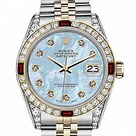 Women's Rolex 31mm Datejust Two Tone Jubilee Baby Blue MOP Mother Of Pearl Dial Diamond Accent Bezel + Lugs + Rubies
