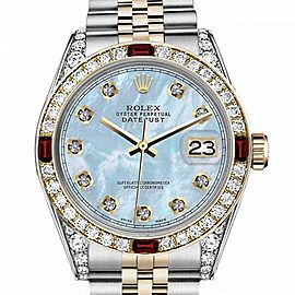 Women's Rolex 31mm Datejust Two Tone Jubilee Baby Blue MOP Mother Of Pearl Dial Diamond RRT Bezel + Lugs + Rubies