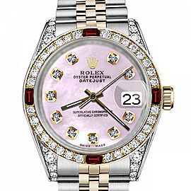 Women's Rolex 31mm Datejust Two Tone Jubilee Pink MOP Mother Of Pearl Diamond Dial Bezel + Lugs + Rubies