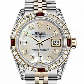 Women's Rolex 31mm Datejust Two Tone Jubilee White MOP Mother Of Pearl 8 + 2 Diamond Dial Bezel + Lugs + Rubies