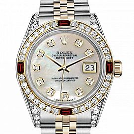 Women's Rolex 31mm Datejust Two Tone Jubilee White MOP Mother Of Pearl Dial Diamond Accent Bezel + Lugs + Rubies