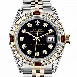 Men's Rolex 36mm Datejust Two Tone Jubilee Black Color Dial Diamond Accent Bezel + Lugs + Rubies