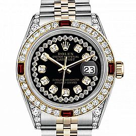 Men's Rolex 36mm Datejust Two Tone Jubilee Black Color String Diamond Accent Dial Bezel + Lugs + Rubies