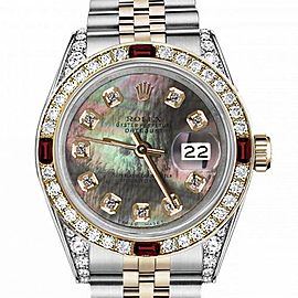 Men's Rolex 36mm Datejust Two Tone Jubilee Black MOP Mother Of Pearl Dial Diamond Accent RT Bezel + Lugs + Rubies 16013