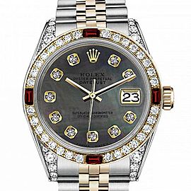 Men's Rolex 36mm Datejust Two Tone Jubilee Black MOP Mother Of Pearl Dial Diamonds Bezel + Lugs + Rubies