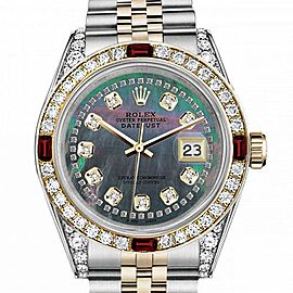 Men's Rolex 36mm Datejust Two Tone Jubilee Black MOP Mother of Pearl String Diamond Accent Dial Bezel + Lugs + Rubies
