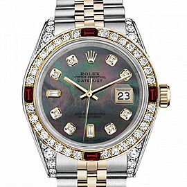 Men's Rolex 36mm Datejust Two Tone Jubilee Black MOP Mother Of Pearl 8 + 2 Diamond Accen Bezel + Lugs + Rubies
