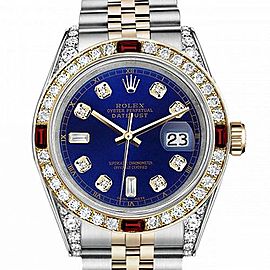 Men's Rolex 36mm Datejust Two Tone Jubilee Blue Color Dial 8+2 Diamond Accent Bezel + Lugs + Rubies