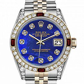 Men's Rolex 36mm Datejust Two Tone Jubilee Blue Color Treated MOP Mother Of Pearl Diamond Dial Bezel + Lugs + Rubies
