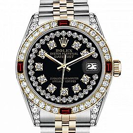Men's Rolex 36mm Datejust Two Tone Jubilee Glossy Black String Diamond Accent Dial Bezel + Lugs + Rubies