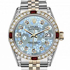 Men's Rolex 36mm Datejust Two Tone Jubilee Glossy Ice Blue Flower Dial Diamond Accen Bezel + Lugs + Rubies