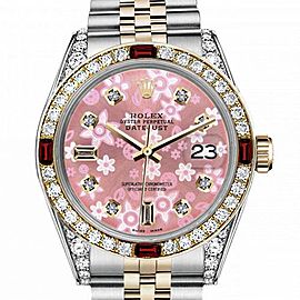 Men's Rolex 36mm Datejust Two Tone Jubilee Glossy Pink Flower Dial 8 + 2 Diamond Accent Bezel + Lugs + Rubies