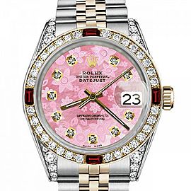 Men's Rolex 36mm Datejust Two Tone Jubilee Glossy Pink Flower Dial Diamond Accent Bezel + Lugs + Rubies