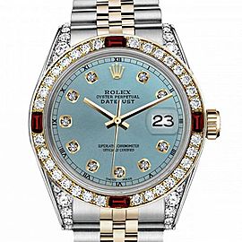 Men's Rolex 36mm Datejust Two Tone Jubilee Ice Blue Color Dial Diamond Accent RT Bezel + Lugs + Rubies