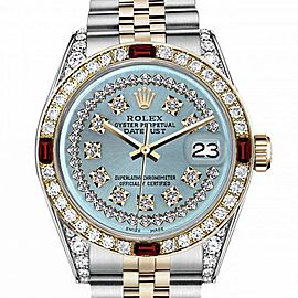 Men's Rolex 36mm Datejust Two Tone Jubilee Ice Blue String Diamond Dial Bezel + Lugs + Rubies