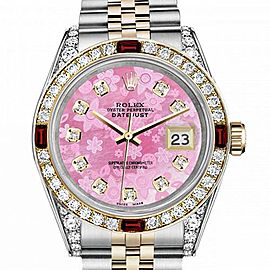 Men's Rolex 36mm Datejust Two Tone Jubilee Pink Flower MOP Dial Diamond Bezel + Lugs + Rubies