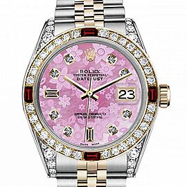 Men's Rolex 36mm Datejust Two Tone Jubilee Pink Flower MOP Mother of Pearl Dial 8+2 Diamond Bezel + Lugs + Rubies