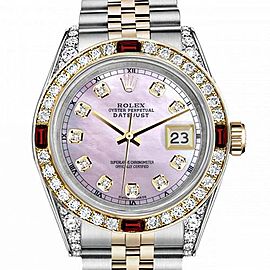 Men's Rolex 36mm Datejust Two Tone Jubilee Pink MOP Mother Of Pearl Dial Diamond Accent Bezel + Lugs + Rubies