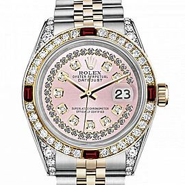 Men's Rolex 36mm Datejust Two Tone Jubilee Pink String Diamond Dial Vintage Style Marker Bezel + Lugs + Rubies