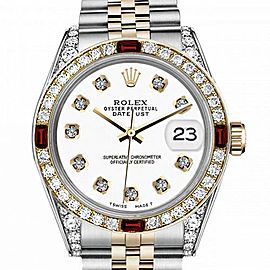 Men's Rolex 36mm Datejust Two Tone Jubilee White Color Dial Diamond Accent Bezel + Lugs + Rubies