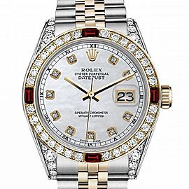 Men's Rolex 36mm Datejust Two Tone Jubilee White MOP Dial Diamond Accent Bezel + Lugs + Rubies