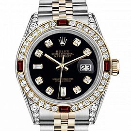 Men's Rolex 36mm Datejust Two Tone Jubilee Black Color Dial 8 + 2 Bezel + Lugs + Rubies