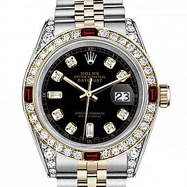 Men's Rolex 36mm Datejust Two Tone Jubilee Black Color Dial 8 + 2 Diamond Accent Bezel + Lugs + Rubies