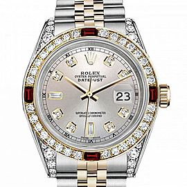 Men's Rolex 36mm Datejust Two Tone Jubilee Silver Color Dial 8 + 2 Diamond Accent Bezel + Lugs + Rubies