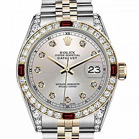 Men's Rolex 36mm Datejust Two Tone Jubilee Silver Color Dial Diamond Accent RT Bezel + Lugs + Rubies