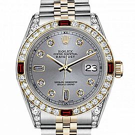 Men's Rolex 36mm Datejust Two Tone Jubilee Slate Grey Color Dial 8 + 2 Diamond Accent Bezel + Lugs + Rubies