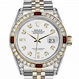 Men's Rolex 36mm Datejust Two Tone Jubilee White Color Dial 8 + 2 Diamond Accen Bezel + Lugs + Rubies