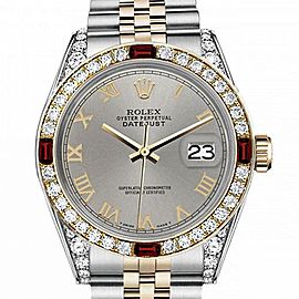 Men's Rolex 36mm Datejust Two Tone Jubilee Slate Grey Roman Numeral Dial Bezel + Lugs + Rubies