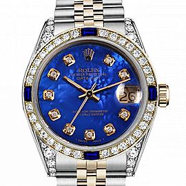 Women's Rolex 31mm Datejust Two Tone Jubilee Blue Color Treated MOP Mother Of Pearl Diamond Dial Bezel + Lugs + Sapphire 68273