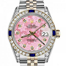 Women's Rolex 31mm Datejust Two Tone Jubilee Glossy Pink Flower Dial Diamond Accent Bezel + Lugs + Sapphire